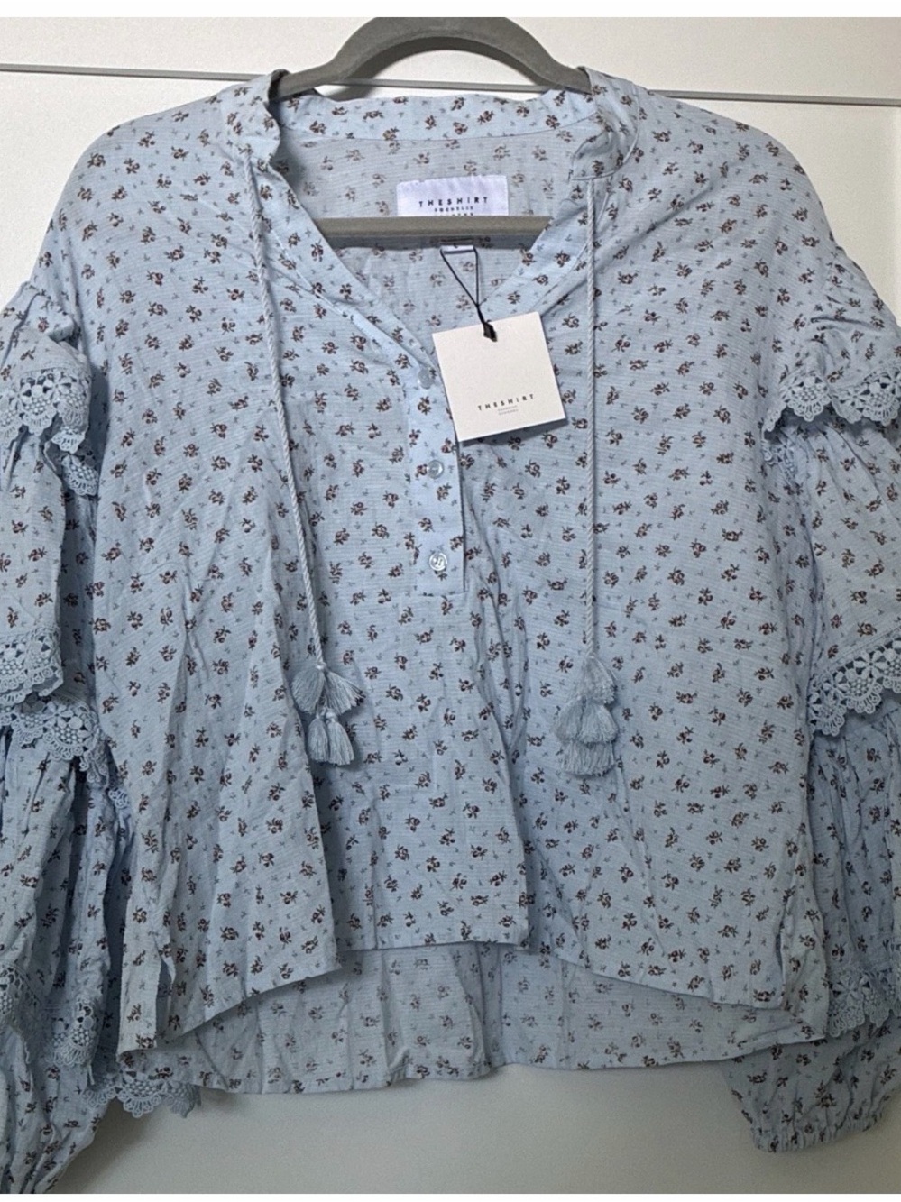 The Shirt by Rochelle Behrens Powder Blue Floral Tassel Boho Blouse